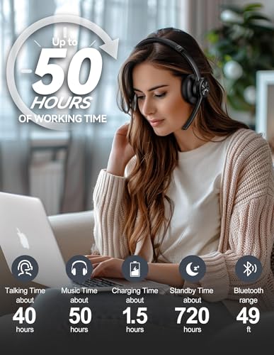 TECKNET Wireless Headset, Bluetooth Headset with Noise Cancelling Microphone - Rechargeable Bluetooth V5.2 Headphones, 50H Playtime & Mic Mute, On Ear Headphones for Trucker/Remote Work/Call Center - color: Deep Black