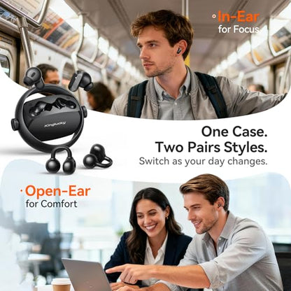 Kinglucky 2-in-1 Wireless Earbuds, in-Ear & Open Ear Clip-On Earbuds Comfortable fit, Bluetooth Headphones 5.4 with Noise Cancelling Mic, Power Swap Charging, Up to 50H, Black - color: Matte Black