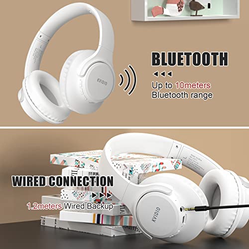 KVIDIO Bluetooth Headphones Wireless Over Ear Headsets 65H Playtime | Deep Bass, HiFi Stereo, Bluetooth 6.0, Microphone, Comfortable Fit, Foldable, Lightweight, Low Latency for Travel Home Office - color: White