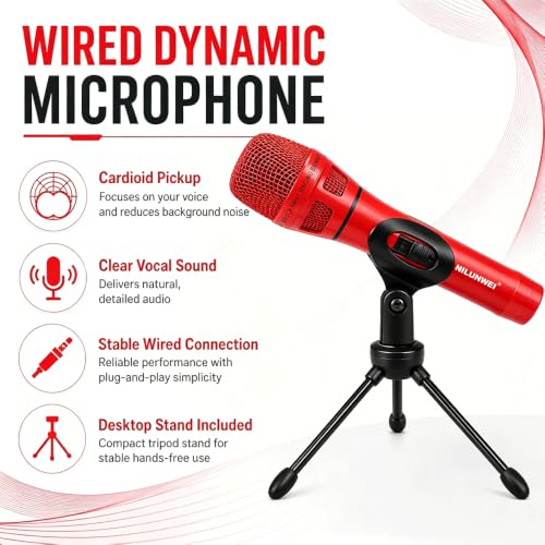 YS-36D Dynamic Microphone - Premium Vocal Microphone, cardioid directional wired microphone, with 14 foot XLR to 1/4 inch audio cable, desktop tripod, extension rod, microphone storage bag (Red) - color: 1 red ribbon solid