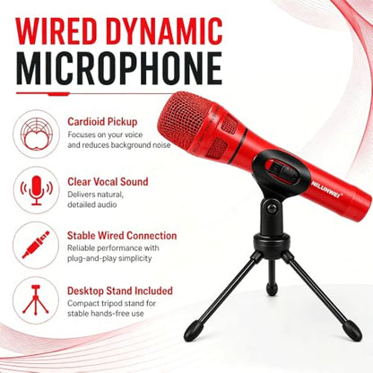 YS-36D Dynamic Microphone - Premium Vocal Microphone, cardioid directional wired microphone, with 14 foot XLR to 1/4 inch audio cable, desktop tripod, extension rod, microphone storage bag (Red) - color: 1 red ribbon solid