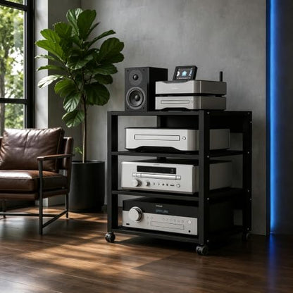 4 Tier Audio Rack Tower, CD Record Player Stereo Receiver AV Equipment Cabinet Display Rack, Weight Capacity 661 lbs, with Adjustable Wooden Shelves for Home (4 Tier Black) - size: 4 Tier Black