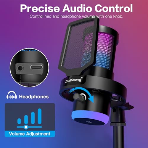 ZealSound Wireless Microphone for PC Mac iPhone iPad & Android, USB Mic with Noise Reduction, Tap Mute and Volume Control, RGB Light and Real-Time Monitoring, for Podcasting Streaming Gaming & TikTok - color: RGB