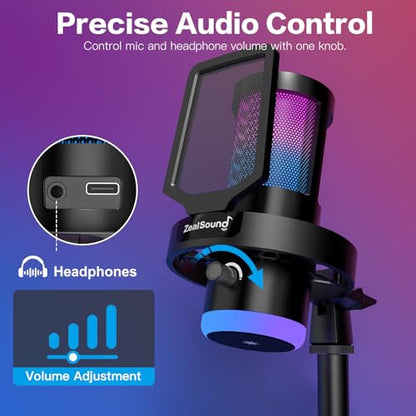 ZealSound Wireless Microphone for PC Mac iPhone iPad & Android, USB Mic with Noise Reduction, Tap Mute and Volume Control, RGB Light and Real-Time Monitoring, for Podcasting Streaming Gaming & TikTok - color: RGB