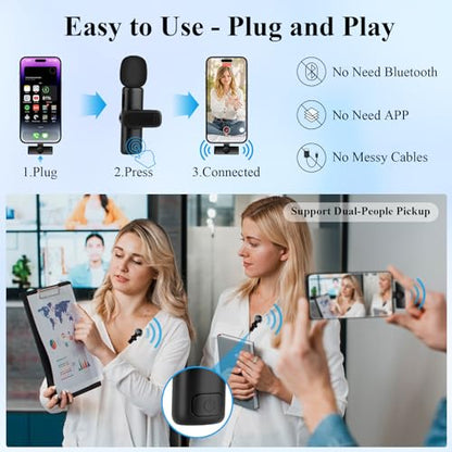 Professional Wireless Microphone for iPhone, iPad, 2pcs Wireless Microphones with Crystal Clear Sound Quality, Mini Microphone Plug-Play for Interview Video Podcast Vlog YouTube Tiktok