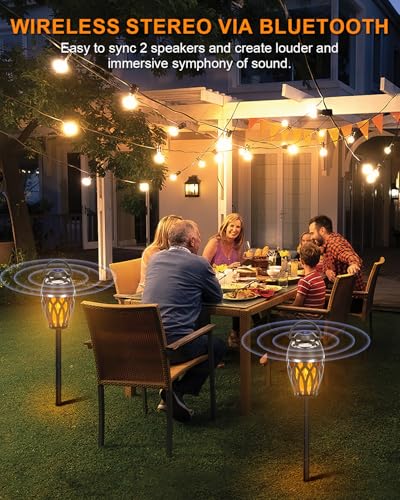 2 Pack Outdoor Bluetooth Speakers with Flame Flickers Light IPX5 Waterproof