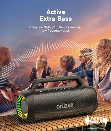 Ortizan 80W Speakers Bluetooth Wireless Loud with Bass, Waterproof, Black | IPX7, 24H Playtime, Bluetooth 5.3, TWS Pairing, Large Outdoor Speaker with Lights, Portable for Garage, Camping and Beach