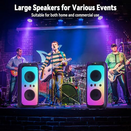 600W Peak Extra-Large Party Speaker with 2 Wireless Microphones, Big Bluetooth PA Speaker with Deep Bass, Dual 10" Woofers, 3.5" Tweeters & LED for Backyard Parties, BBQs, Camping & Outdoor - color: CHARCOAL BLACK