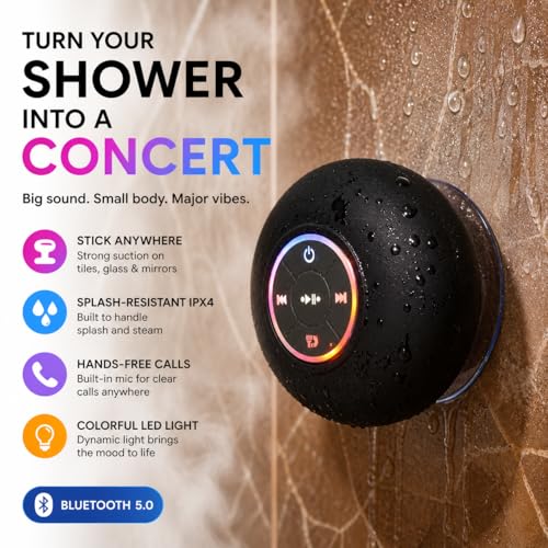 Bluetooth Shower Speaker with LED – Portable Wireless Mini Speaker with Mic & Suction Cup, IPX4 Water Resistant for Shower, Travel, Pool, River Floating, and Outdoor Fun (Black) - color: Black