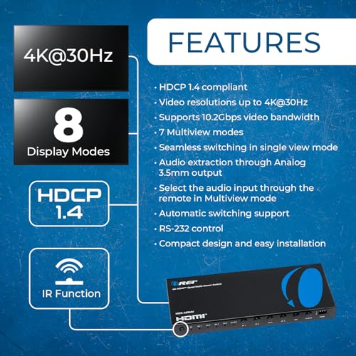 OREI 4x1 Multiviewer Switch - 4K@30hz, Audio Extract, RS-232, IR, PIP, EDID | HDMI Multiviewer, HDMI Switcher 4 in 1 Out – 10.2Gbps, 7 Display Modes, Auto Switching, Seamless Switching, HDCP 1.4 - style: 4x1 Multiviewer - 4K@30Hz with VGA