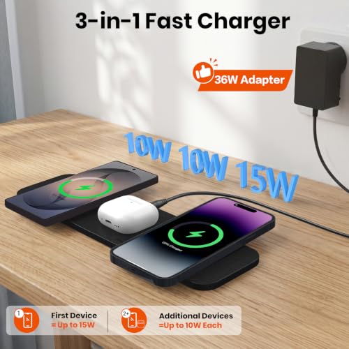 ZealSound Wireless Charging Pad, 3-in-1 Fast Wireless Charger with 36W Adapter for iPhone 17/16/15, Samsung Galaxy, AirPods & Galaxy Buds, Ultra-Slim PU Leather Charging Station for Home Office Travel