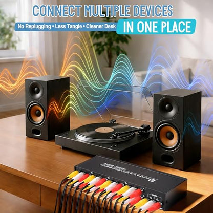 8 Way AV Switch, RCA Switcher with 4 FT RCA Cable, 8 in 1 Out | Composite Video L/R Audio Selector Box, 8 Port AV Selector Switch Plug & Play for DVD STB Console, Yellow/White/Red Connector - size: 8.5 x 3.2, style: 8 in 1 Out