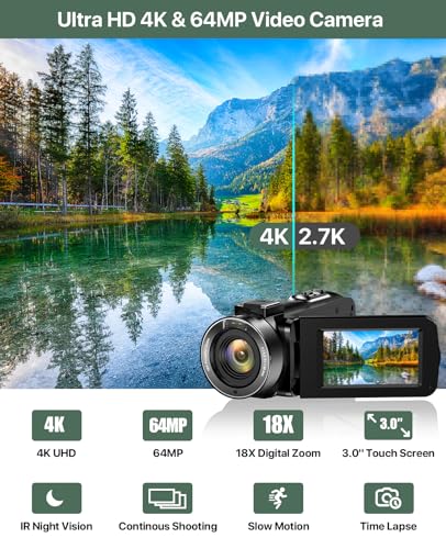 4K Video Camera Camcorder 64MP Vlogging Camera for YouTube 3.0" Touch Screen 18X Digital Zoom IR Night Vision with External Stereo Microphone,Remote,Lens Hood,Handheld Stabilizer,32G Card &2 Batteries