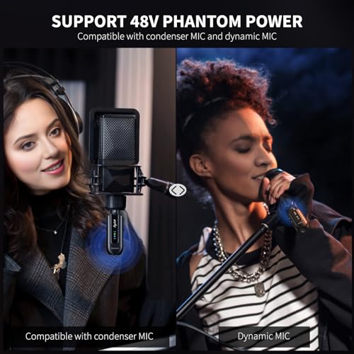 Wireless Microphone Transmitter Receiver 2.4Ghz, Wireless XLR Microphone System, Rechargeable Mic Adapter for Audio Mixer, Dynamic Mic, 48V Phantom Power for Condenser Mic
