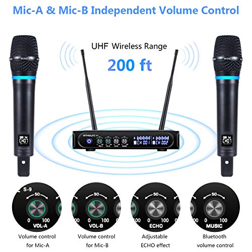 S9 UHF Rechargeable Wireless Microphone System Karaoke Microphone Wireless Mic Cordless Dual with Bluetooth Receiver Box + Volume Control ECHO for Karaoke Singing Speech Meeting Church, 200FT