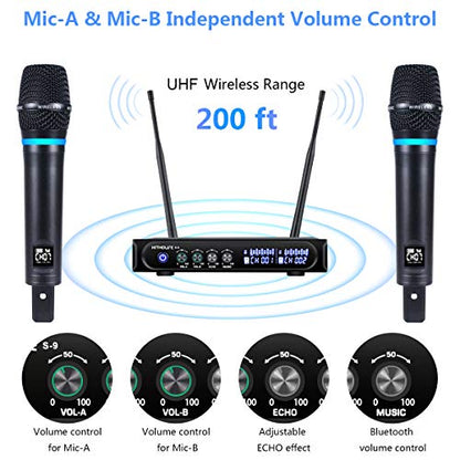 S9 UHF Rechargeable Wireless Microphone System Karaoke Microphone Wireless Mic Cordless Dual with Bluetooth Receiver Box + Volume Control ECHO for Karaoke Singing Speech Meeting Church, 200FT