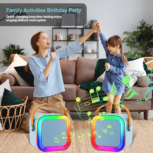 Kids Karaoke Machine Toy Ages 3-12, 2 Wireless Mics BT Speaker, Blue | Voice Changer, LED Party Lights, Duets, BT 5.3, Mini Rechargeable Portable, Christmas Birthday Gifts for Toddler Boys & Girls - color: Blue - 2
