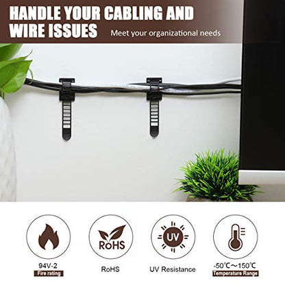 50Pcs Adhesive Cable Management Clips with 50Pcs Zip Ties, Adjustable Nylon Cable Strap Ties Wire Clips Clamps Organizer with Strong Adhesive Tape, Extra Screw & Hole - 3.35 Inch Black - color: Black, size: M-50pcs