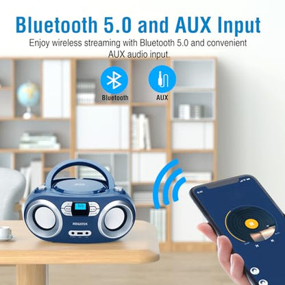 MEGATEK Portable CD Player Boombox with Bluetooth & FM Radio – Blue Jay | USB Playback, Clear Stereo Sound, AUX Input, Headphone Jack, CD-R/RW & MP3-CD Support, LCD Display, AC/Battery Powered - color: Blue Jay