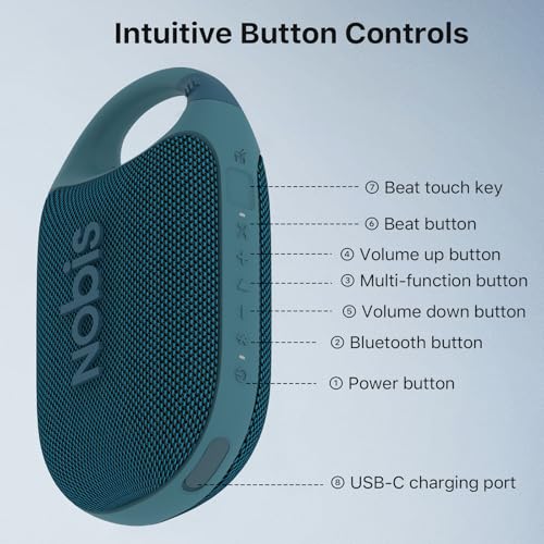NOBIS Clip Portable Bluetooth Speaker, Up to 24H Playtime, IP68 Waterproof | BT 5.3, HD Sound & Custom EQ Via App, Wireless Stereo Pairing, Built-in Carabiner for Outdoor & Travel - color: Blue
