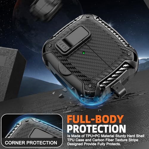 Safety Lock Case for Samsung Galaxy Buds3 FE/Pro/3 (Black) | Compatible with MagSafe, Carbon fibre texture Design,with Phone Stand& Cleaning kit,Keychain, - color: A-A-b-Black
