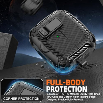 Safety Lock Case for Samsung Galaxy Buds3 FE/Pro/3 (Black) | Compatible with MagSafe, Carbon fibre texture Design,with Phone Stand& Cleaning kit,Keychain, - color: A-A-b-Black