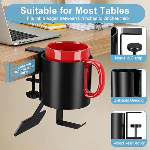 3 in 1 Desk Cup Holder Clamp, Clip On Table Cup Holder with Headphone Hook | Rotatable Water Bottle Drink Coffee Mug Organizer with Power Strip Holder, Gaming Accessories for Home and Office - color: With Power Strip Holder