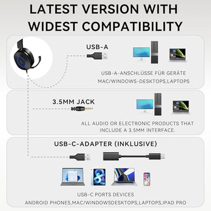Wantek Headset with Mic, USB Headset with Microphone for PC | Computer Headset with Noise Canceling Mic, Mute & Volume Controls for Work, Zoom, Teams, Online Meetings, Home Office - color: Dark black