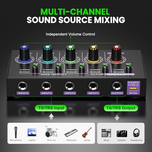 Mini Audio Stereo Mixer 4 Channel 1/4 Inch TSR/TS Audio Input Jack For Line Mixer Stereo/Mono Cutovers Compatible With Mic, Guitars Volume Amplifier Knob Mix Audio Output To Small Mixer & Speaker