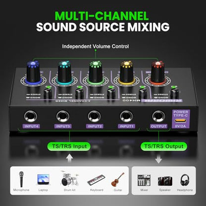 Mini Audio Stereo Mixer 4 Channel 1/4 Inch TSR/TS Audio Input Jack For Line Mixer Stereo/Mono Cutovers Compatible With Mic, Guitars Volume Amplifier Knob Mix Audio Output To Small Mixer & Speaker