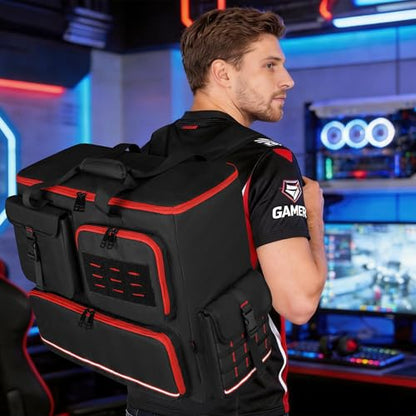 Desktop PC Tower Backpack for ATX/M-ATX Case with Bottom Pad | Padded PC Travel Bag with 6 Storage Pockets, MOLLE Side Pockets, Reflective Strips, Trolley Strap and Shoulder Straps, Black