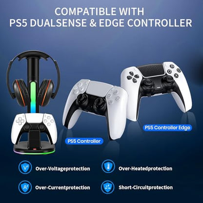 PS5 Controller Charging Dock with RGB Headphone Stand | 2-in-1, Dual USB Fast Charging Station, RGB LED Gaming Headset Stand, Multi-Functional Gaming Accessories