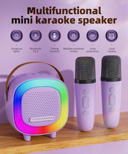 Kids Karaoke Machine Toy Ages 3-12, Mini 2 Wireless Mics Bluetooth Speaker | LED Party Lights, Voice Changer, Duets, BT 5.3, Rechargeable Portable, Christmas Birthday Gifts for Toddler Boys & Girls - color: Purple - 2 Mics