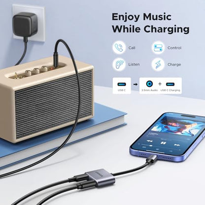 UGREEN USB C to 3.5mm Audio and Charger Adapter 2 in 1 | 24bit/96kHz,Type C to Aux Headphone Jack with PD 60W Charging Dongle for Earbuds Compatible with iPhone Galaxy iPad Switch 2