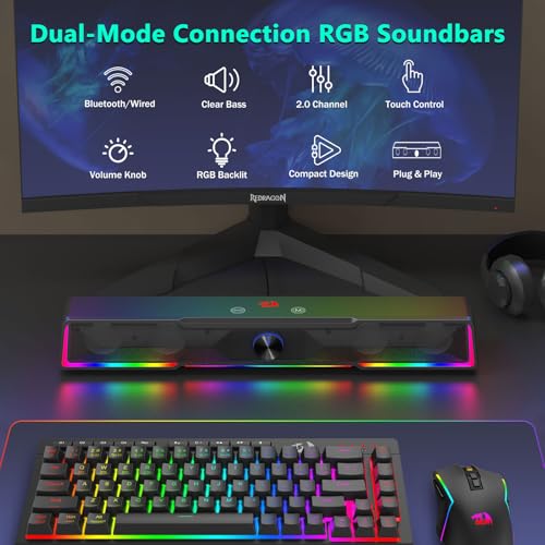 Redragon Computer Speaker, Bluetooth/USB Wired Dual Connection Soundbar | Clear Stereo Sound with Audio-Light Sync RGB Backlit, Volume Knob, USB Powered for PC/TV/Tablet, Black