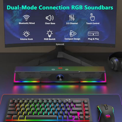 Redragon Computer Speaker, Bluetooth/USB Wired Dual Connection Soundbar | Clear Stereo Sound with Audio-Light Sync RGB Backlit, Volume Knob, USB Powered for PC/TV/Tablet, Black