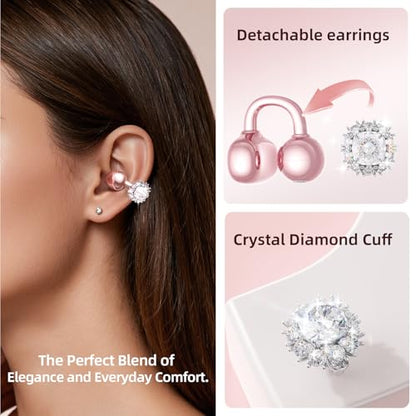 Kinglucky Clip-On Open Ear Earbuds with Detachable Diamond Earrings, Bluetooth 5.4 Open Ear Wireless Headphones for Women, 40H Playtime, Comfortable Small-Ear Fit, Rose Gold - color: Pink