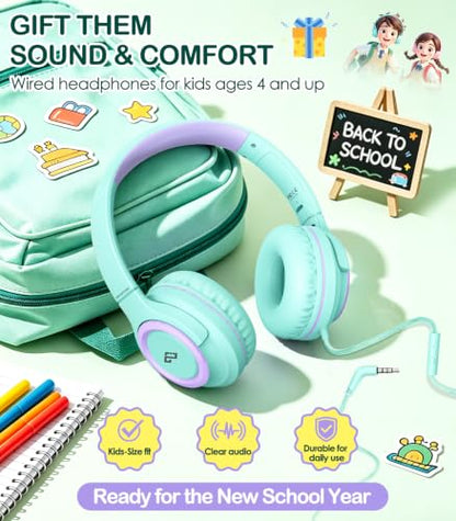 INFURTURE Kids Headphone for School with Microphone, 3.5mm Wired Headphone | Adjustable for Boys/Girls, Soft Ear Muffs, Volume Limit, Foldable, Lightweight On-Ear Headphones for ipad/Travel/Tablet - color: Green