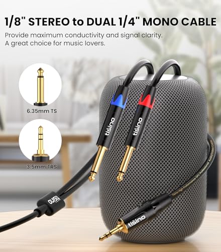 Tisino 1/8" to 1/4" Stereo Cable, Dual 1/4" to 3.5mm Audio Cable, 3.3FT/1m | 1/8" TRS Stereo to Dual 1/4" TS Mono Audio Y-Splitter Cable for Phone, Mixer, Speaker, Amp, Gold-Plated 20 AWG OFC - size: 3.3 feet