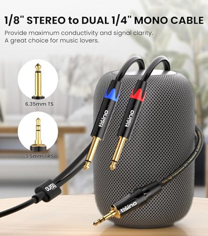 Tisino 1/8" to 1/4" Stereo Cable, Dual 1/4" to 3.5mm Audio Cable, 6.6FT/2m | 1/4" to 1/8" Audio Adapter Cable for Smartphone, CD Player, Mixer, Speakers, Amplifiers, Gold-Plated 20AWG OFC - size: 6.6 feet