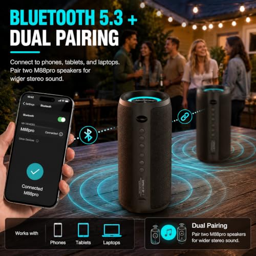 Musibaby M88 Pro 40W Bluetooth Speaker, IPX6, 40H Playtime, Dark Gray | Portable 40W stereo sound with IPX6 splash protection, RGB lights, 40H playtime, Bluetooth 5.3 and dual pairing - color: Black-pro