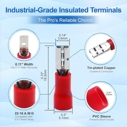BAOMAIN 0.11" Female & Male Spade Terminals Kit 22-16 AWG 200-Pack - size: Male and Female