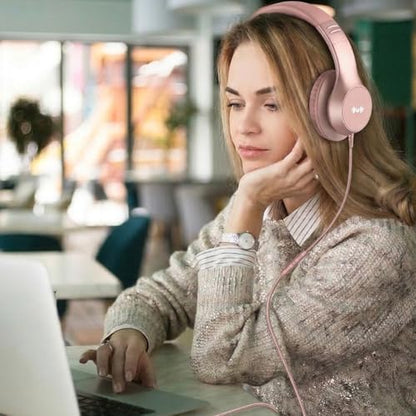 Wired Over-Ear Headphones, Mic, 3.5mm Jack, USB-C Adapter, Gold | Foldable over-ear headphones with soft cushions, inline mic, 3.5mm jack, and USB-C adapter for school, office, and travel. - color: Gold