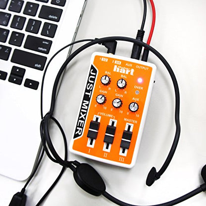 JUST MIXER Audio/DJ Mixer - Battery/USB Powered Portable Pocket Audio Mixer w/ 3 Stereo Channels (3.5mm) Plus On/Off Switch (Orange) - color: Orange