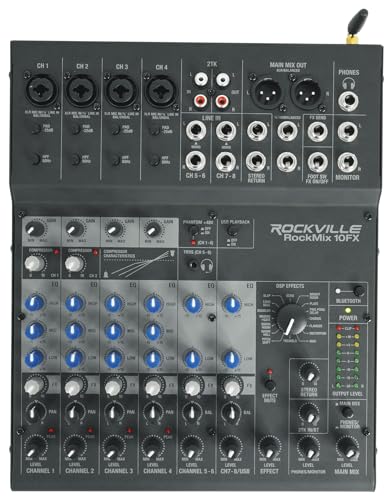 Rockville ROCKMIX 10FX USB Mixer/Interface with Mics and Headphones | USB Interface, 4 RCM PRO Condenser Mics, 4 PRO-M50 Headphones, 4 RDTS Stands, RHPA4 Headphone Amp, 6' TRS Cable, 15-items