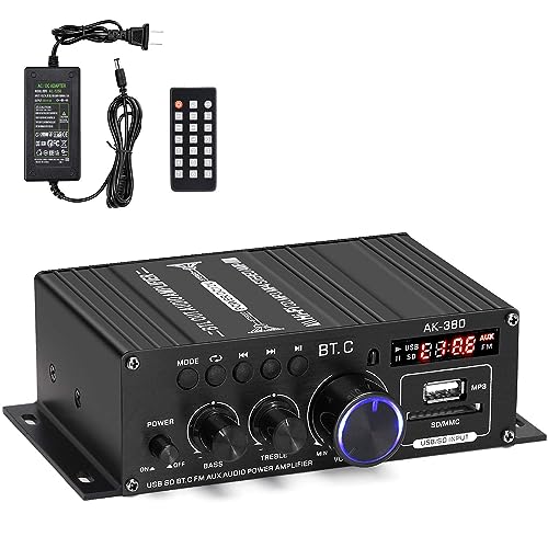 AK-380 Bluetooth 5.0 Home Audio Amplifier for Car Home Bar Garage | Max 400W+400W 2.0CH HiFi Stereo With 12V 5A Power Supply, Wireless Receiver With USB SD BT.C FM AUX - style: MAX 350Wx2