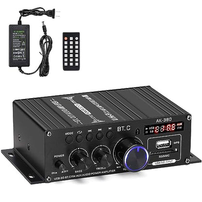 AK-380 Bluetooth 5.0 Home Audio Amplifier for Car Home Bar Garage | Max 400W+400W 2.0CH HiFi Stereo With 12V 5A Power Supply, Wireless Receiver With USB SD BT.C FM AUX - style: MAX 350Wx2