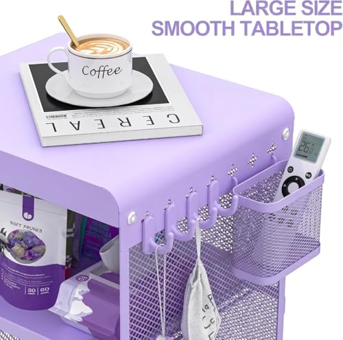 SYKIARIOL Kids Nightstand for Girls, 3-Tier Storage Shelf, Purple | Metal Bedside Table with 4 Hooks & Hanging Basket, Toddler Night Stand for Bedroom - color: Purple
