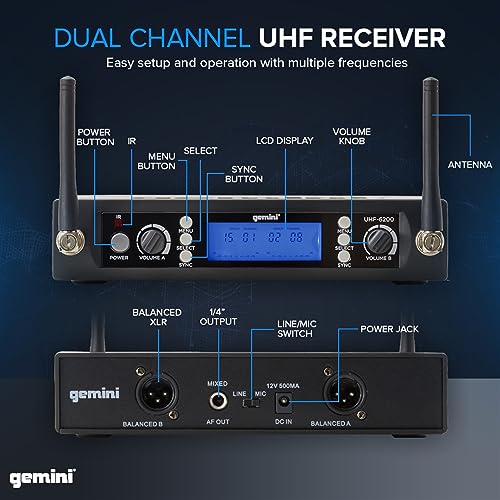 Gemini UHF Dual Headset & Lavalier Wireless Mic System (UHF-6200HL) | Dual UHF headset & lavalier mics, 512-537.5 MHz - auto SYNC pairing - 2 XLR outs + 1/4" summed mix out - LCD, 1U rack mount - style: Dual Lapel Mic