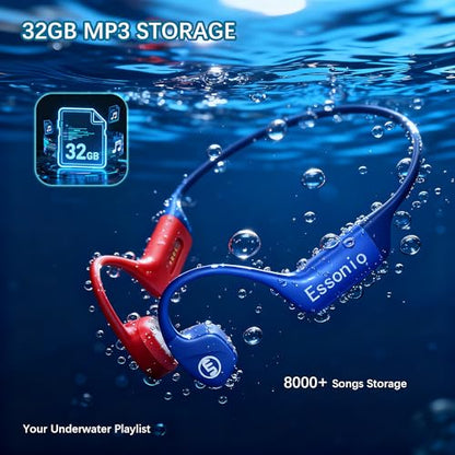 Bone Conduction Headphones IP68 Waterproof Swimming Headphones with Mic Bluetooth Open Ear Earbuds with MP3 Mode 32GB Memory Deep Bass Secure Fit Hearing, Blue - color: Blue&Red
